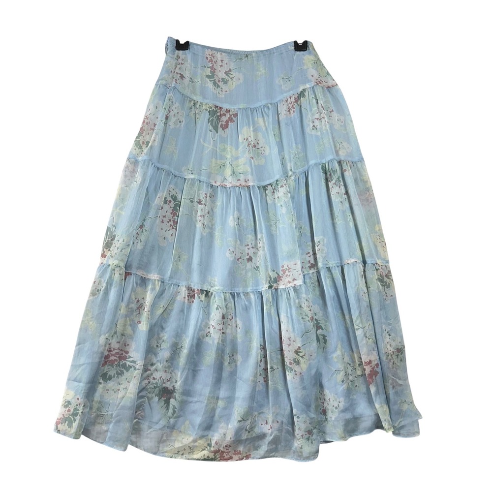 Lauren Ralph Lauren Chiffon Floral Maxi Skirt Sz 2 Tiered Boho Cottagecore Lined - Picture 7 of 8